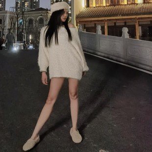 秋冬 高端定制网红女神水貂绒毛衣慵懒风宽松外穿露肩套头针织衫