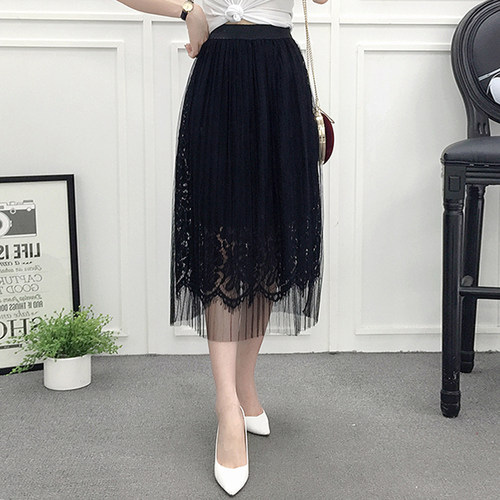 蕾丝仙女中长款a字网纱半身裙