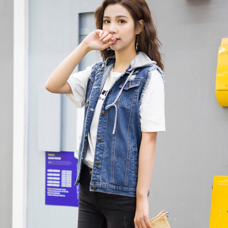 春秋韩版牛仔马甲女中长宽松显瘦无袖bf风背心新款大码带帽连帽