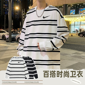 耐克顿纯棉卫衣男秋季新款潮流时尚情侣款长袖t恤条纹百搭打底衫