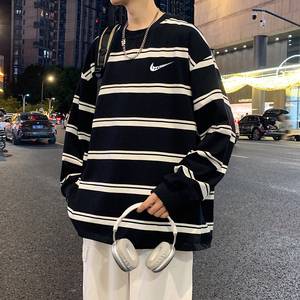 耐克顿长袖t恤男秋季港风纯棉情侣款条纹卫衣宽松圆领上衣打底衫