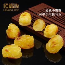 恒福隆天然蜜蜡貔貅男士招财原矿鸡油黄琥珀手串配饰通孔皮休背鱼