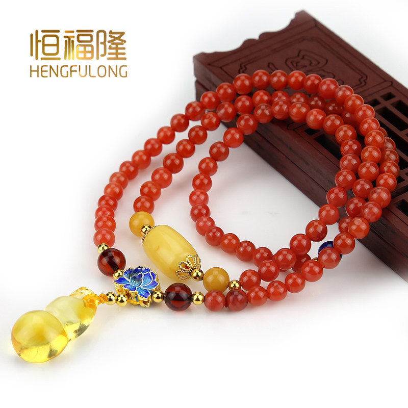 恒福隆天然琥珀蜜蜡手链女款手工DIY编织配南红青金多圈桶珠手串