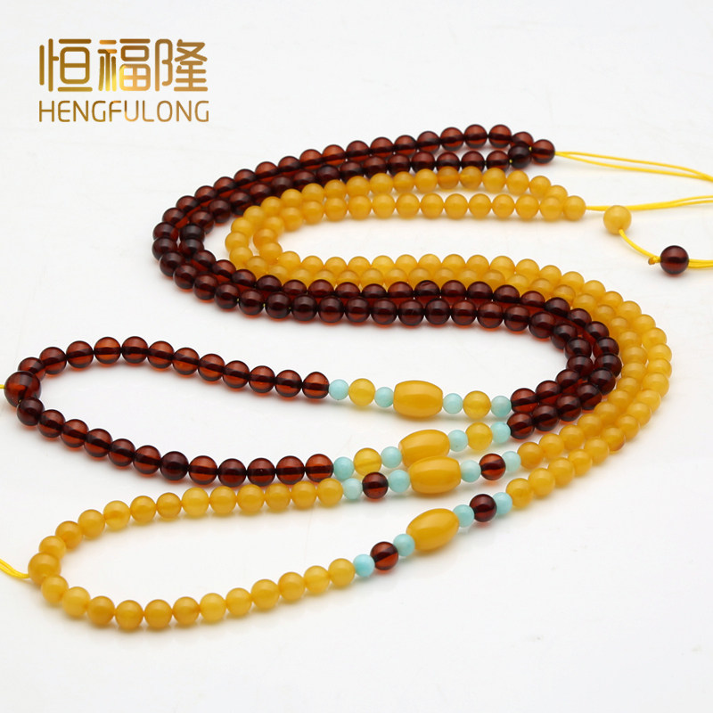 恒福隆天然蜜蜡链子挂绳手工串珠老鸡油黄琥珀血珀吊坠挂链毛衣链