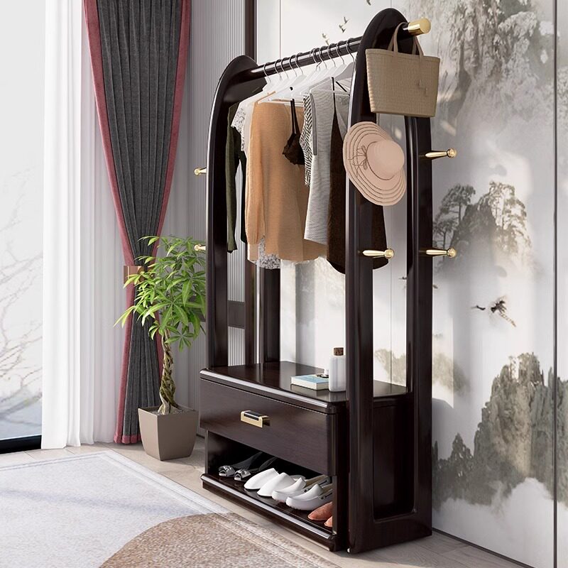 新中式实木落地衣帽架现代中式带鞋柜鞋架一体家用挂衣架置物架