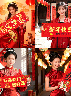 2026马年新年拍照打卡道具手持小条幅横幅装饰品年会团建氛围对联