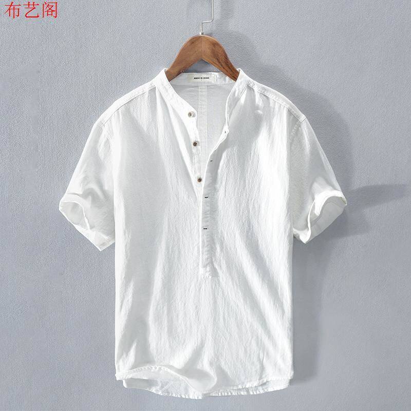 100%亚麻短袖T恤男士套头夏季圆领中国风立领棉麻布体恤衫薄衬衣
