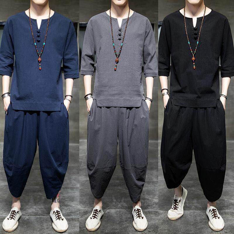 中国风短袖亚麻套装男唐装青年中山装禅服夏季棉麻汉服古风两件套