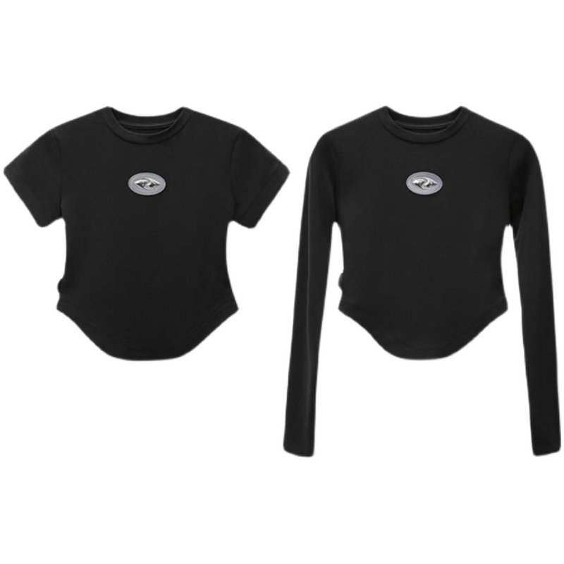 黑色立体logo贴标磨毛弧形高腰打底衫春夏小众设计感长袖/短袖t恤