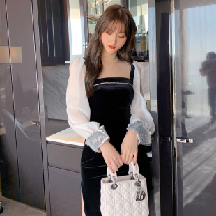 裙子复古礼服连衣裙女装 清仓捡漏方领小黑裙秋装 修身 泡泡袖 新款