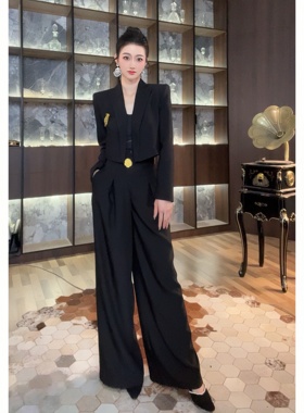 休闲直筒显瘦气质长袖网红针织高腰时尚黑色秋季套装6565-6566