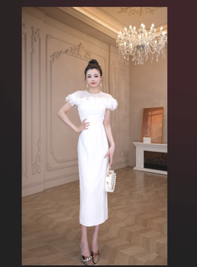 【十六原创】轻奢重工白色立体花朵优雅名媛连衣裙9015