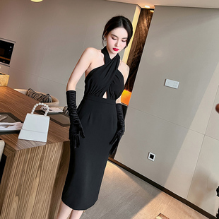 5662女人味性感挂脖露背礼服裙夏季法式气质露肩修身显瘦连衣裙子