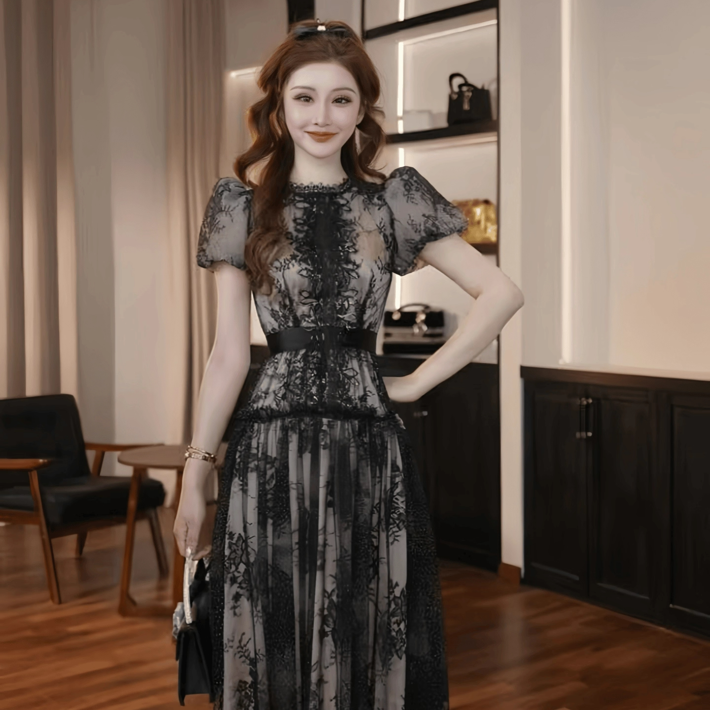 21851 夏季黑色蕾丝连衣裙礼服裙女人味显瘦性感长裙泡泡袖高腰中