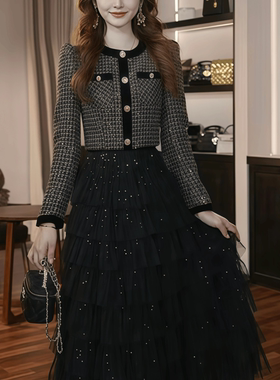 45488 小香风法式单排扣A字网纱拼接高腰黑色百搭蛋糕裙连衣裙