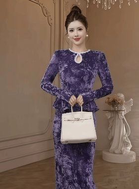 21948 设计感紫色丝绒连衣裙御姐独特高级感礼服长裙