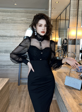 高级感黑色礼服连衣裙女平常可穿宴会气质立领网纱长袖拼接裙子秋