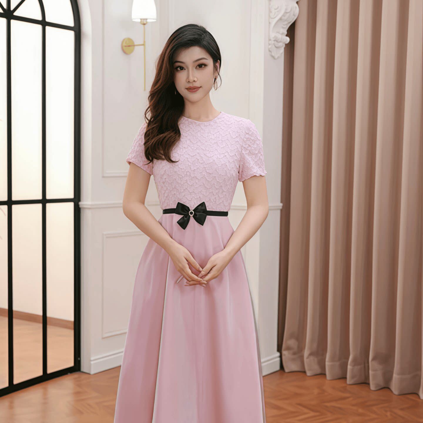 65614 法式温柔风优雅气质显瘦连衣裙轻熟绝美设计师粉色收腰长裙