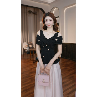 拼接小香风V领气质假两件收腰连衣裙65609 法式 新款 女装