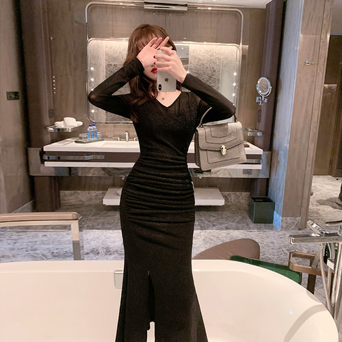 小众轻奢气质亮丝鱼尾连衣裙拼接网纱包臀开叉修身显瘦年会礼服裙