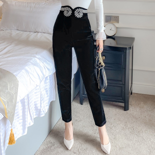 春秋新款 显瘦长裤 高腰刺绣打底裤 气质修身 韩版 灯芯绒小脚裤