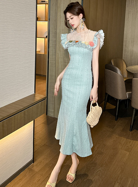 小清新绿色针织鱼尾礼服裙子女夏季2025新款法式气质小飞袖连衣裙