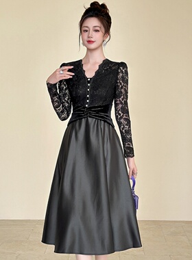 45327 大摆裙黑色大摆裙酷帅V领连衣裙季赫本风蕾丝拼接收腰