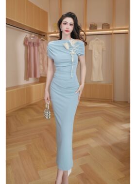 31409温柔风女人味包臀中长裙夏季显瘦名媛气质蓝色褶皱连衣裙