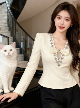 15568 名媛气质蝴蝶结减龄气质修身上衣水钻装饰收腰短款千金衫女