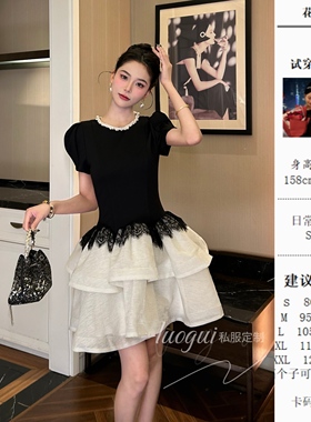 【花花原创】显瘦气质日常泡泡袖拼接时尚高腰设计感连衣裙21731