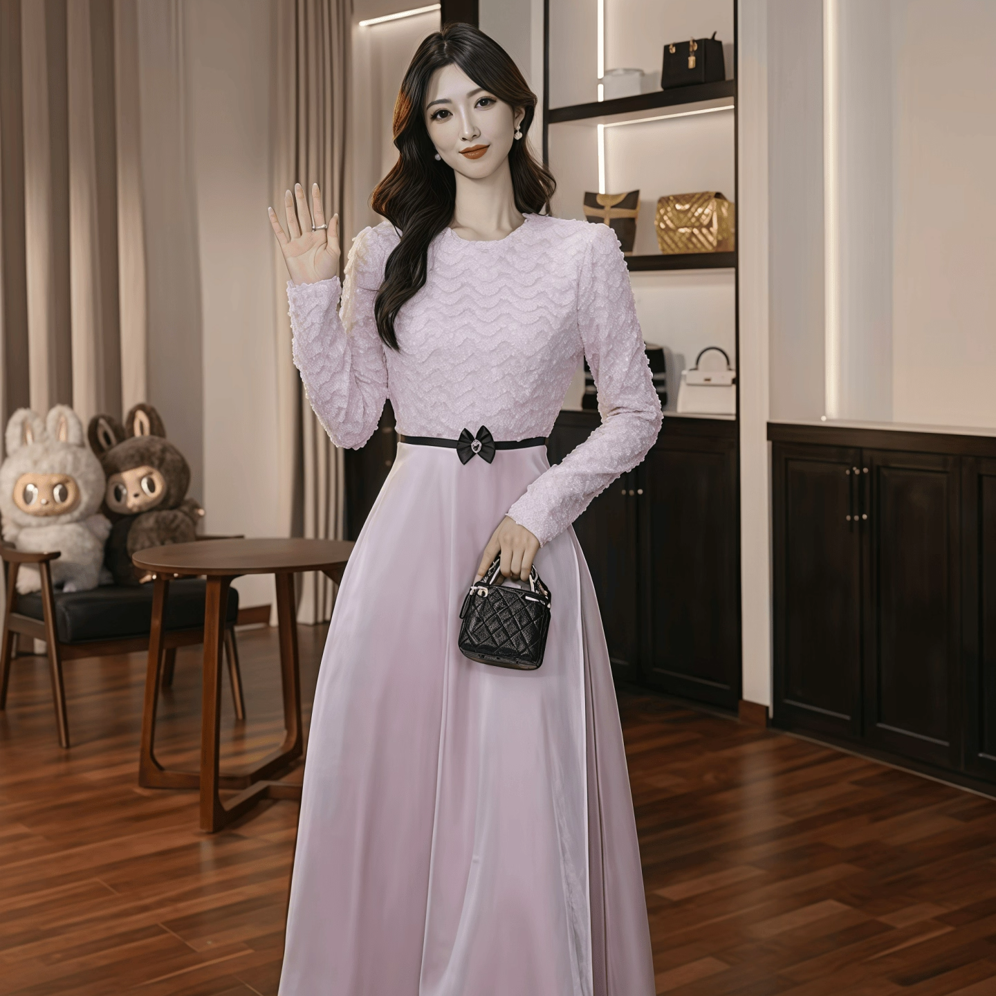 温柔风收腰粉色大摆裙