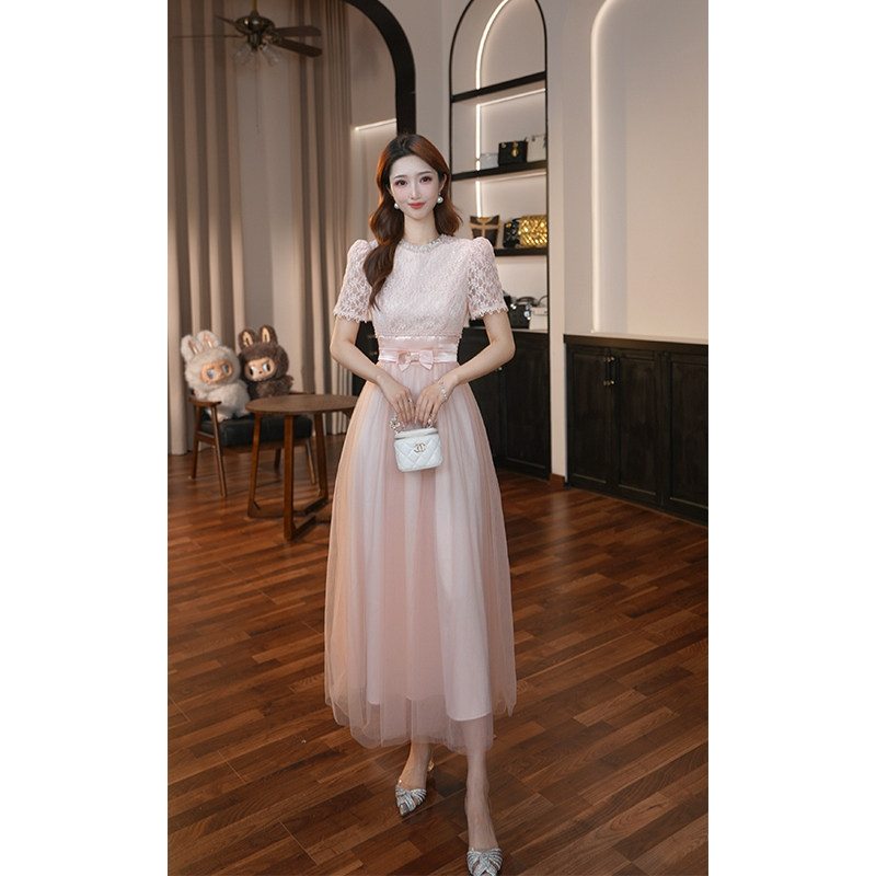 度假风新款女装气质高腰减龄拼接纯色显瘦粉色连衣裙 15652