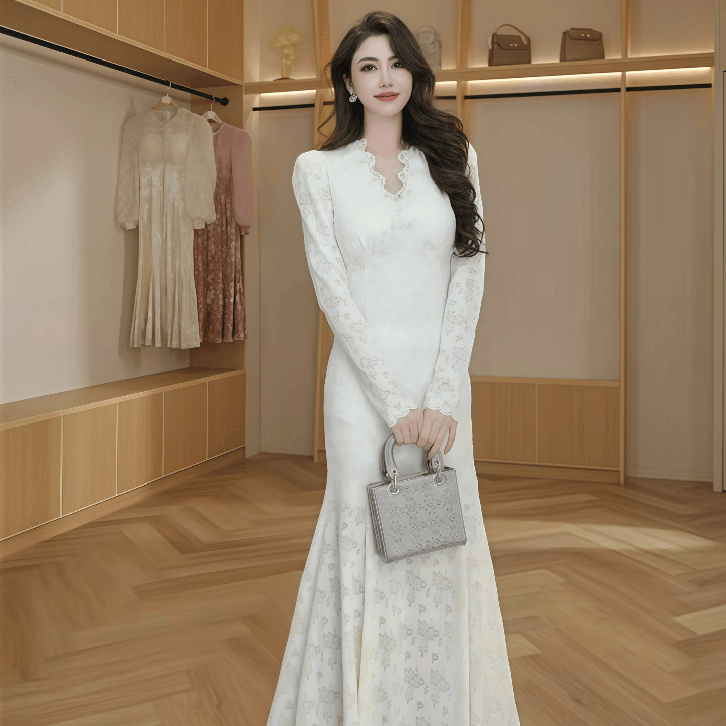 气质V领长袖蕾丝包臀鱼尾连衣裙