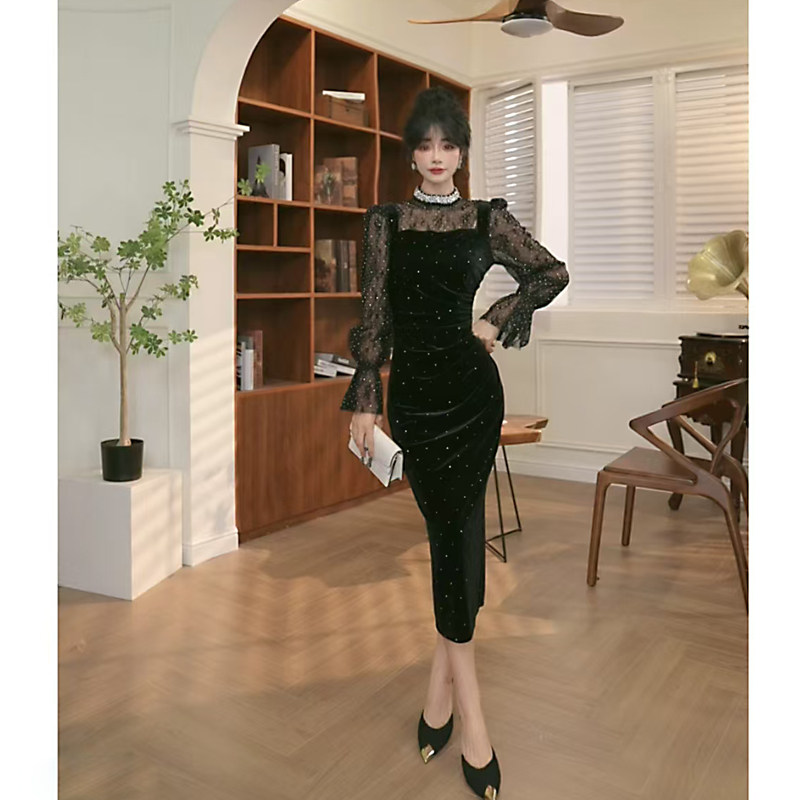 黑色连衣裙女装秋季2024新款气质修身显瘦打底内搭中长款丝绒裙子