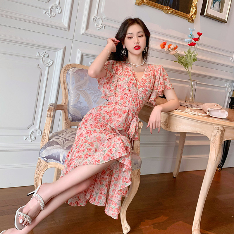 夏季复古荷叶流苏雪纺连衣裙女气质V领碎花鱼尾裙摆长裙收腰显瘦