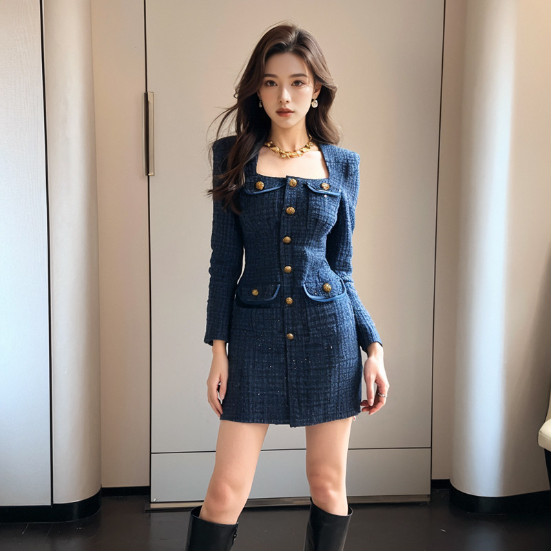 小香风连衣裙女装秋冬新款粗花呢简约大气方领单排扣长袖包臀裙子