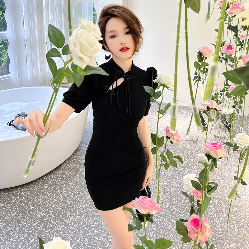 20140别致旗袍连衣裙女夏新中式立领短袖收腰修身显瘦包臀裙子