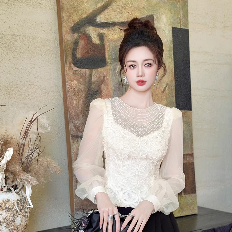 法式珍珠蕾丝网纱拼接上衣洋气女
