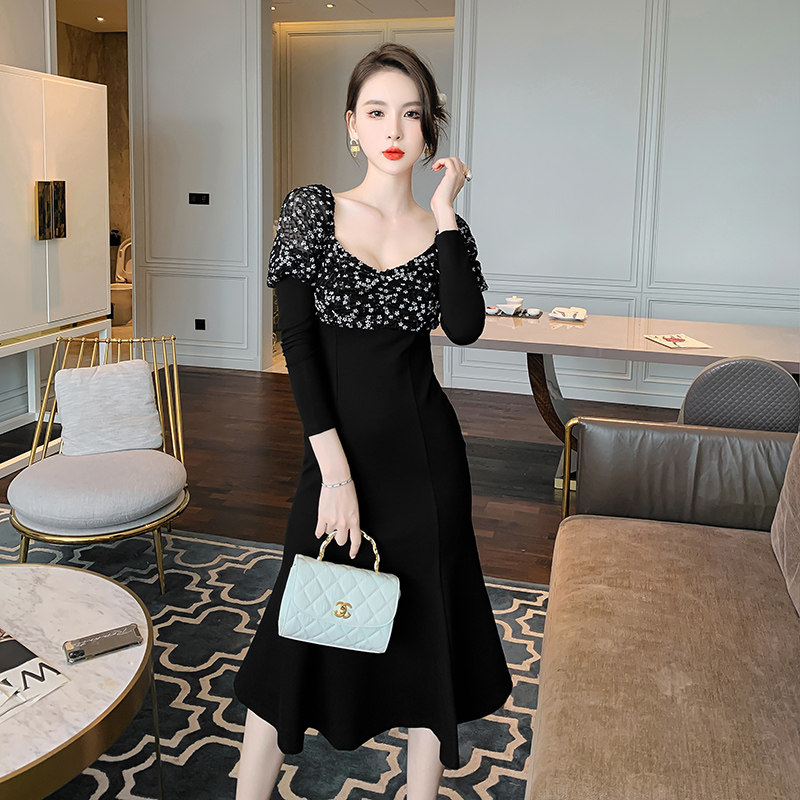 法式复古网纱拼接长袖连衣裙秋款淑女气质方领包臀荷叶边中长裙子