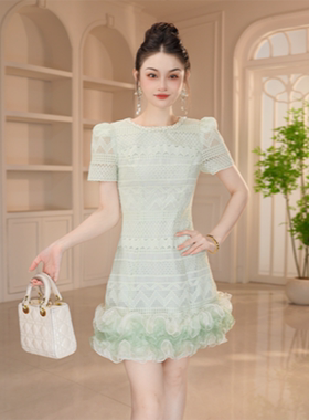 45562小个子绝美礼服裙绿色蕾丝高腰拼接木耳边短裙收腰连衣裙夏