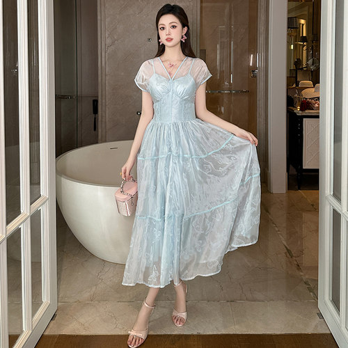 21273大码女装连衣裙新款夏装复古气质v领鱼骨收腰茶歇长裙高级感