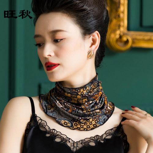 四季实用女式印花桑蚕丝褶皱围脖
