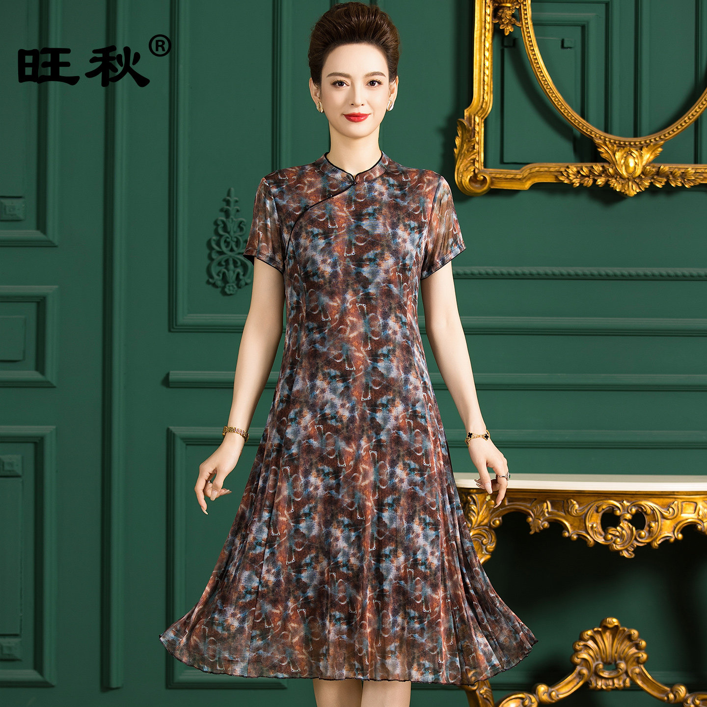旺秋显瘦印花真丝桑蚕丝连衣裙2026新款女印花裙子夏季透气女装裙