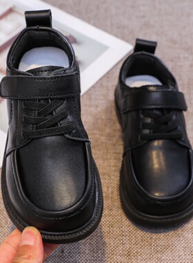 男童皮鞋黑色真皮软底英伦小学生女童春秋冬加绒中大童演出儿童鞋