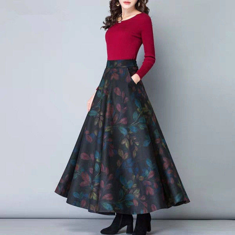 秋冬毛呢印花半身裙女2020新款高腰大码中长款a字大摆裙显瘦长裙