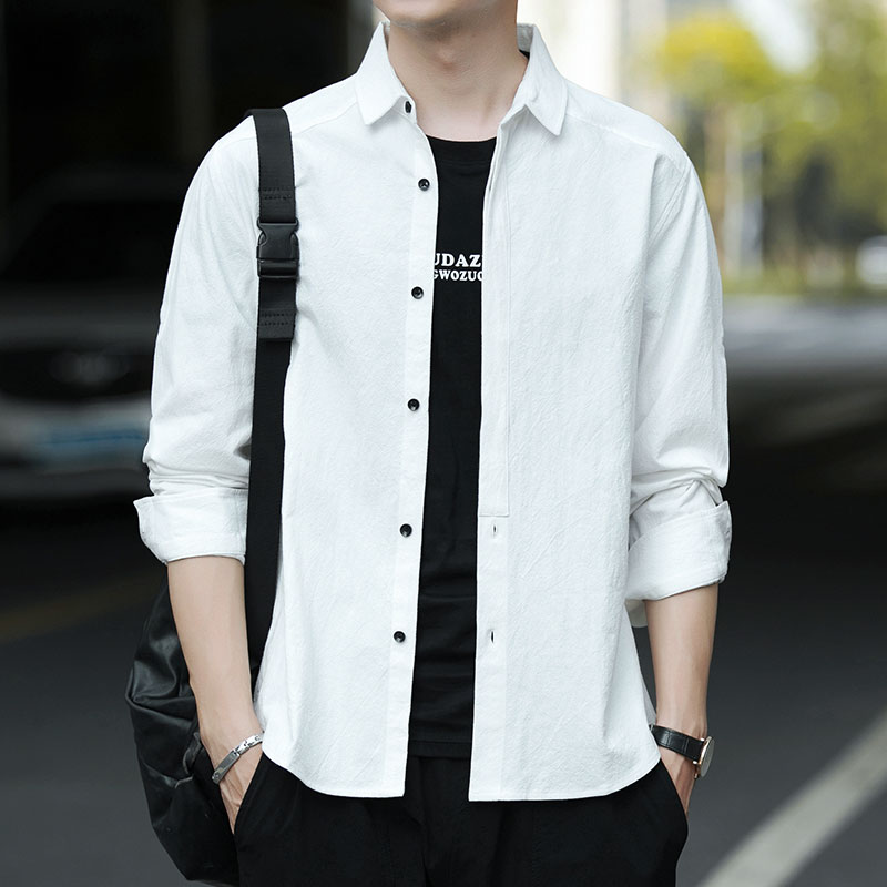 长袖衬衫男士春秋2023t新款亚麻衣服男生夏季短袖衬衣休闲上衣外