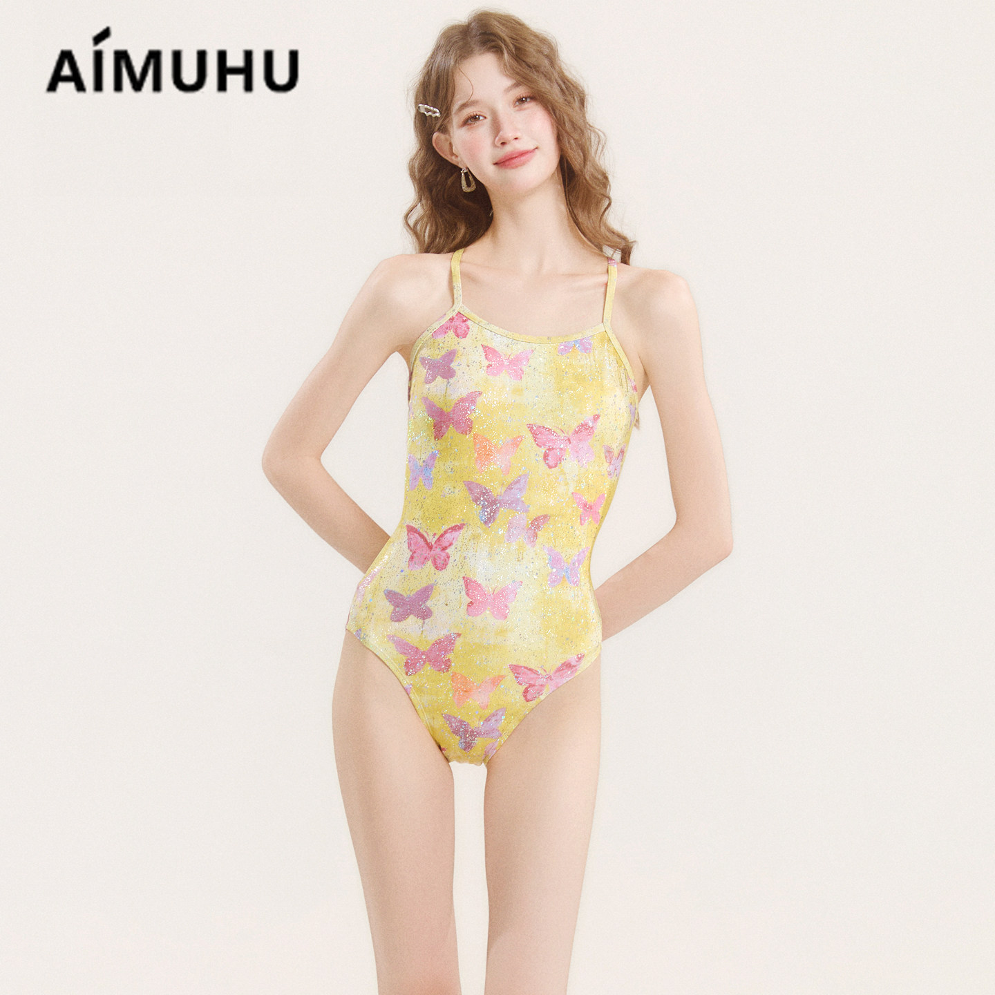 AIMUHU可爱蝴蝶亮片竞速连体泳衣女性感显瘦保守运动露背泳装专业