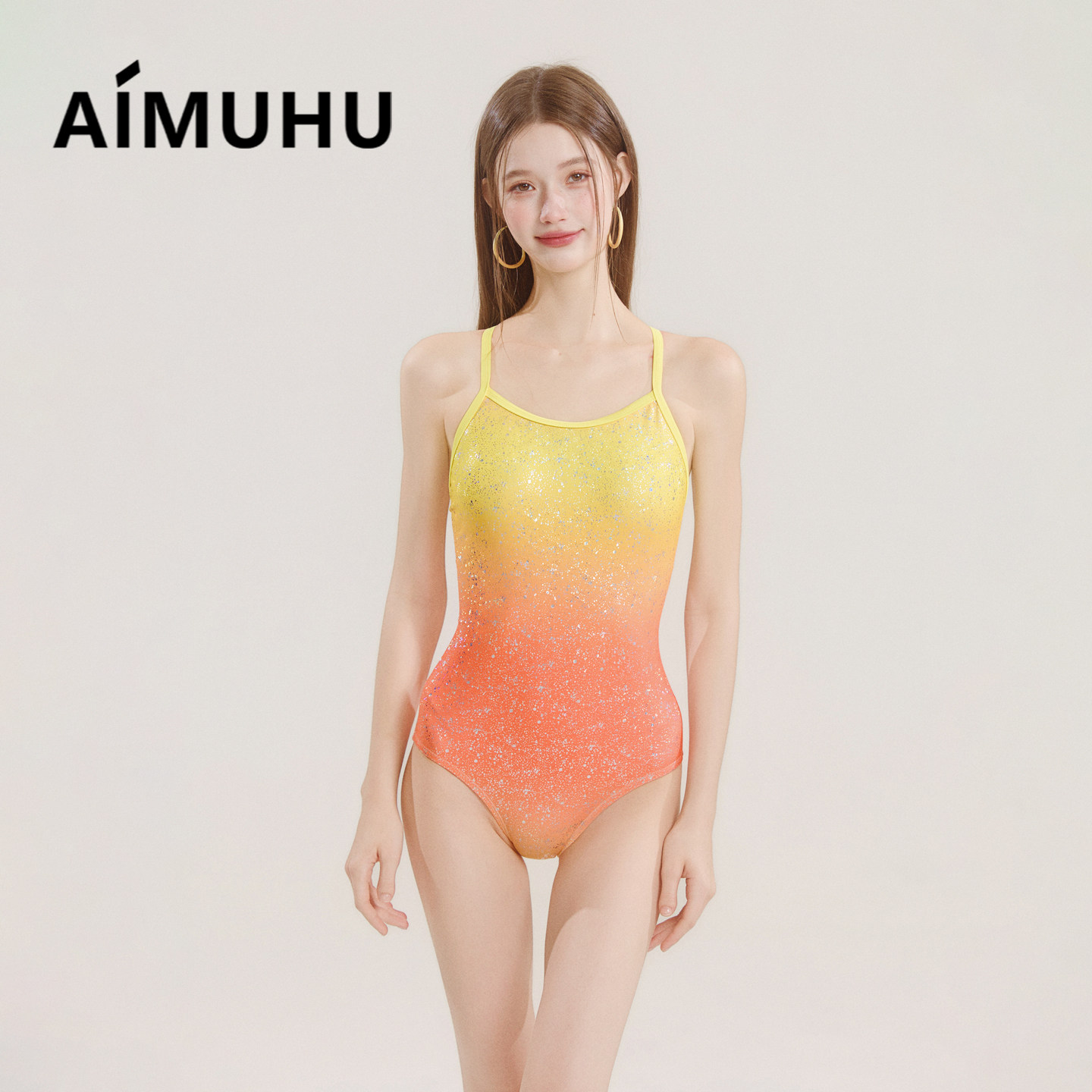 AIMUHU落日余晖亮片竞速连体泳衣女性感小胸显瘦露背运动专业泳装