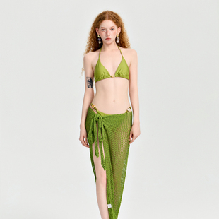 溪石苔绿温泉度假比基尼挂脖性感辣妹三点式罩裙三件套分体泳衣女