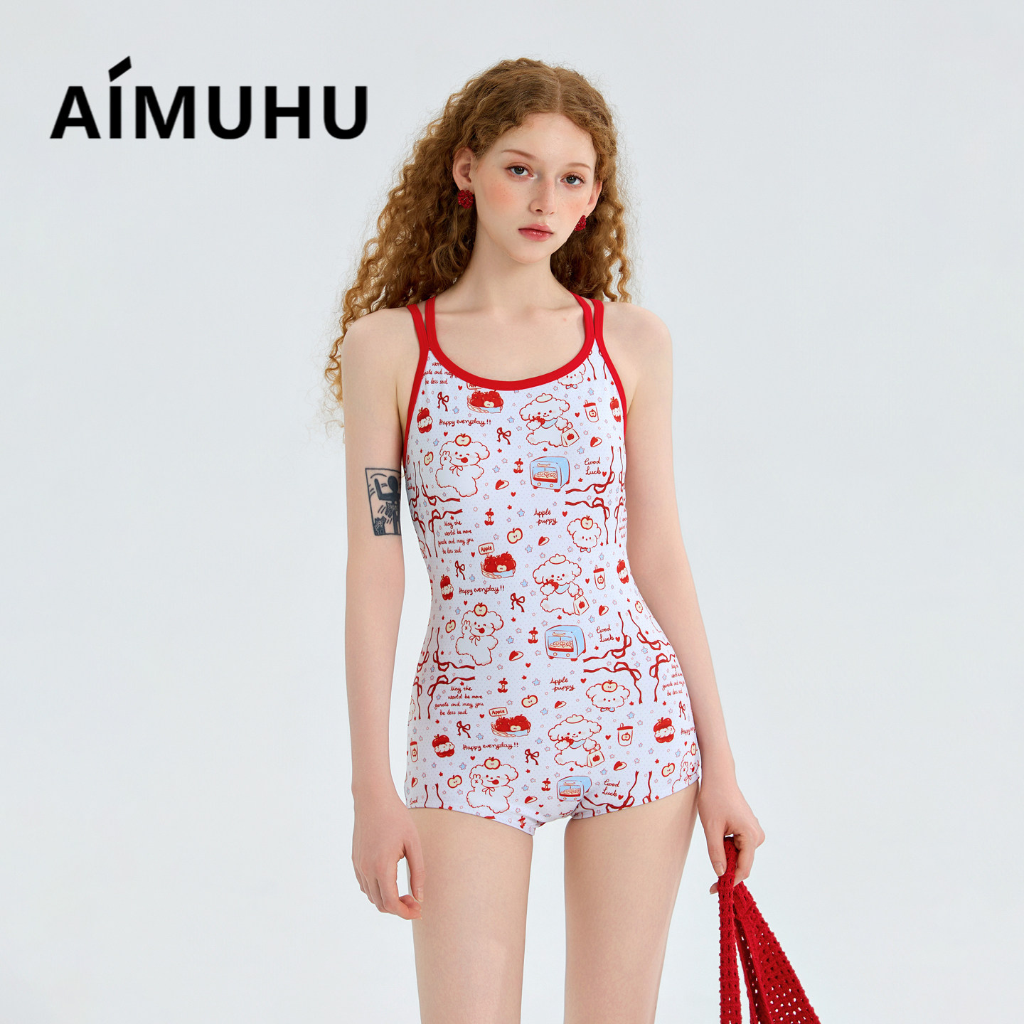 AIMUHU可爱欢乐小狗平角竞速连体泳衣女性感显瘦运动露背泳装专业